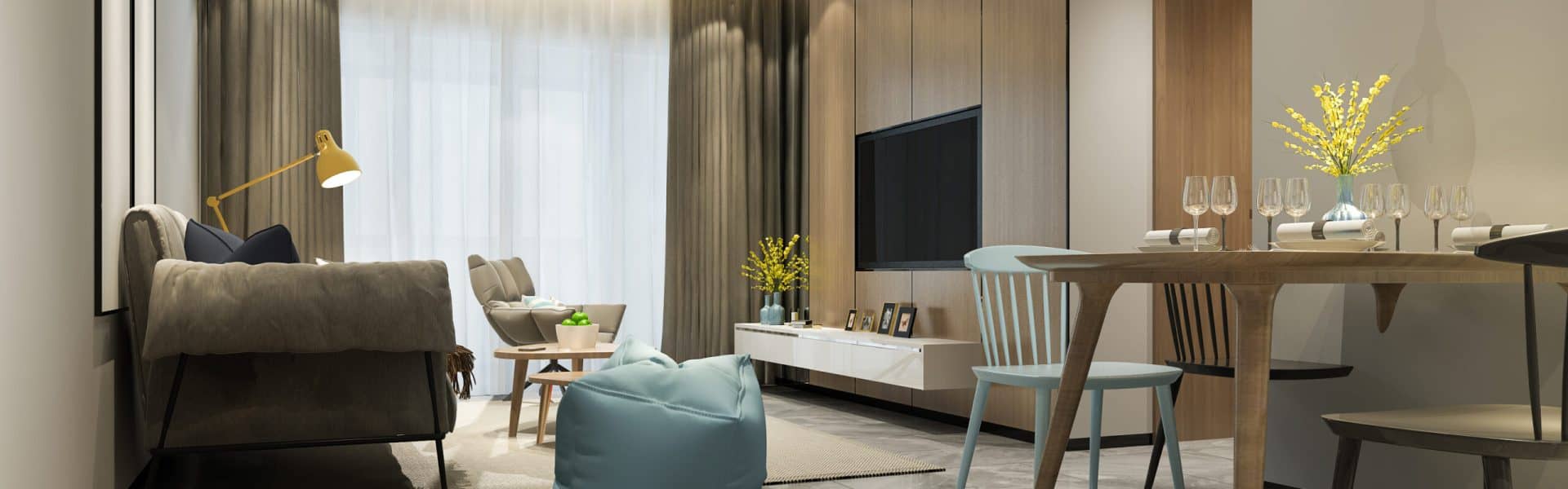 3d rendering loft luxury living room with shelf near dining table